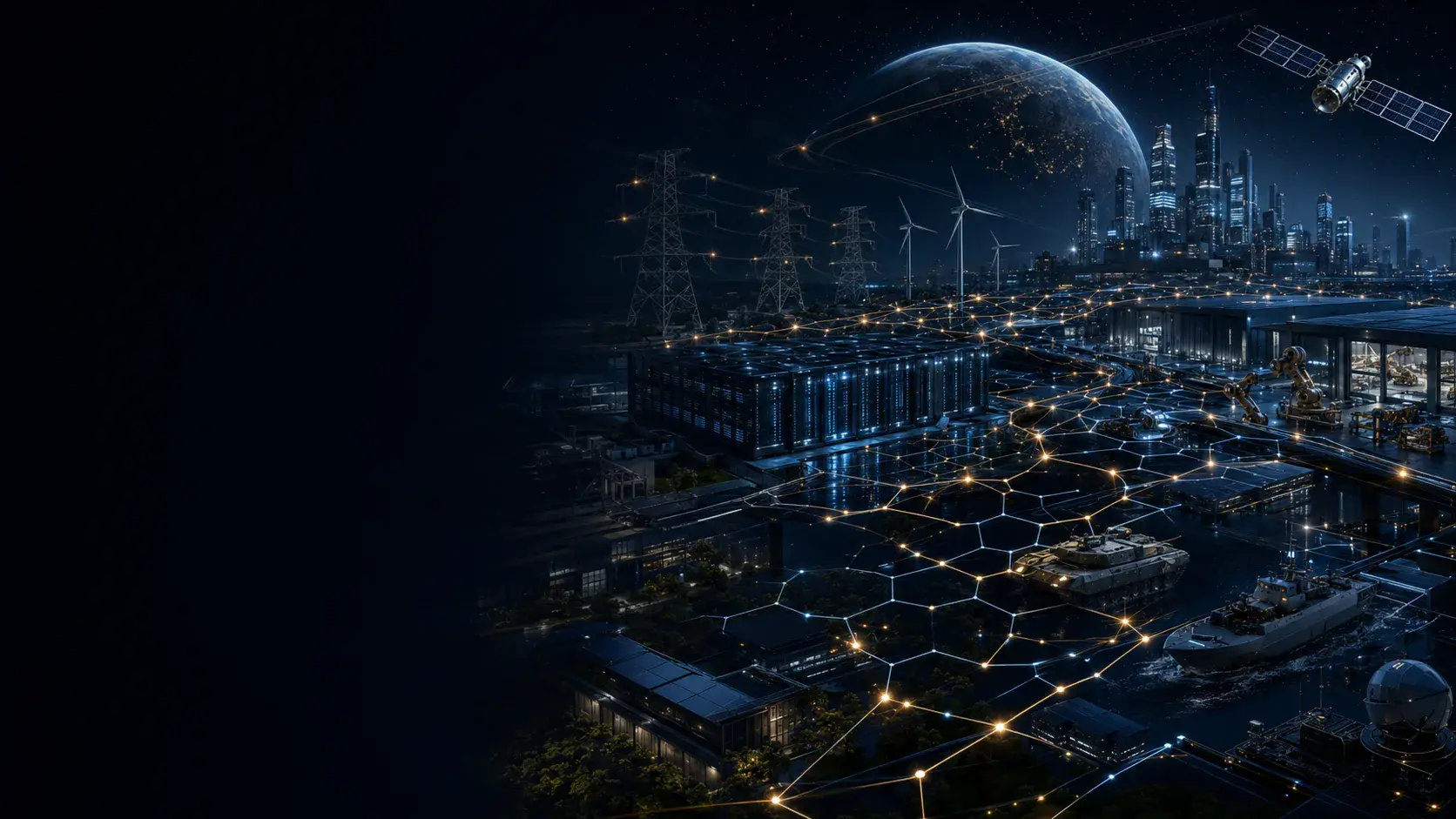 Night-time industrial landscape connected by a glowing hexagonal network — power transmission lines, wind turbines, a data centre, automated manufacturing, marine and defence vehicles, beneath a city skyline and an orbiting satellite.