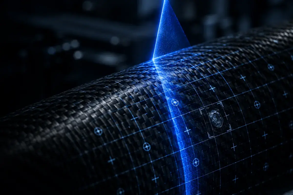 A blue scanning beam inspecting the surface of a woven carbon fibre cylinder during manufacture.
