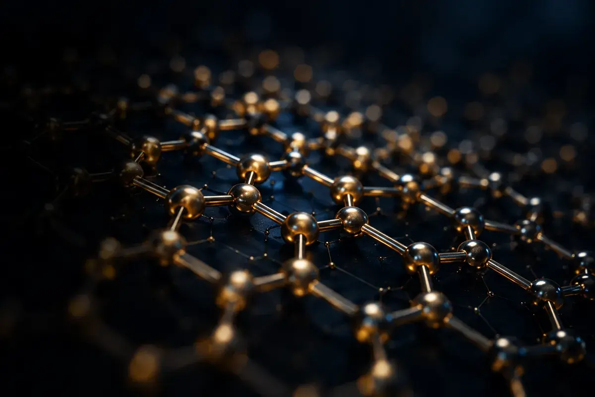 Graphene sheet structure at high magnification, gold nodes linked in a hexagonal lattice.