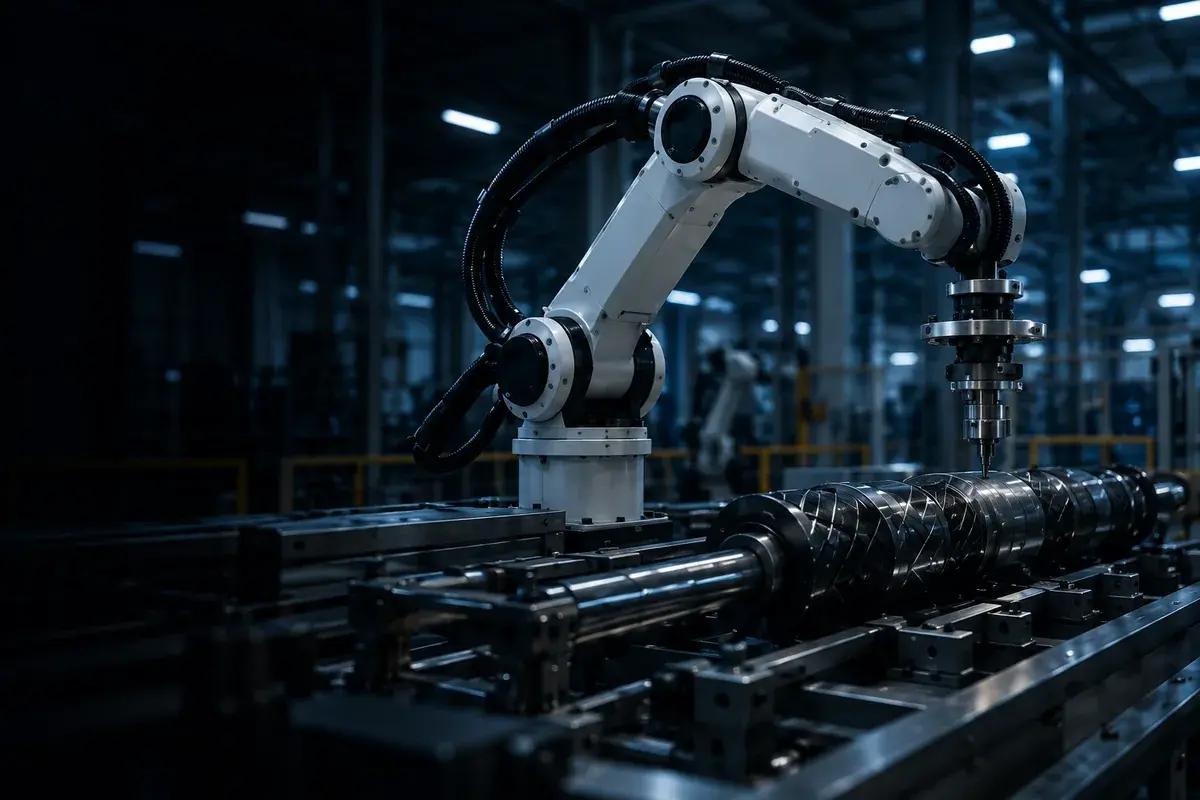 A robotic arm laying composite filament onto a rotating mandrel on a factory line.