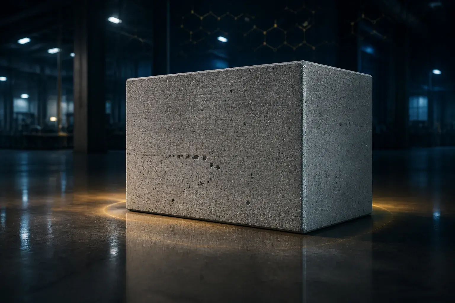 A cast graphene-enhanced concrete block on a polished floor in a darkened industrial hall, ringed by warm gold light, with a faint gold hexagonal lattice on the wall behind.