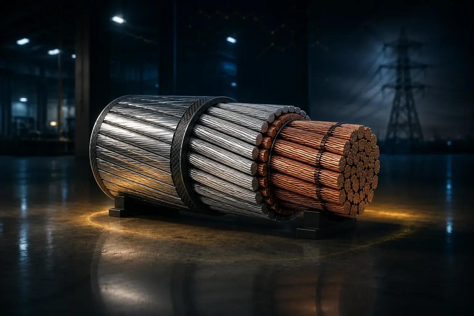 A bundle of metal conductor strands banded together in a carbon-fibre collar, resting on low mounts in a darkened industrial hall, ringed by warm gold light, with a transmission pylon behind.