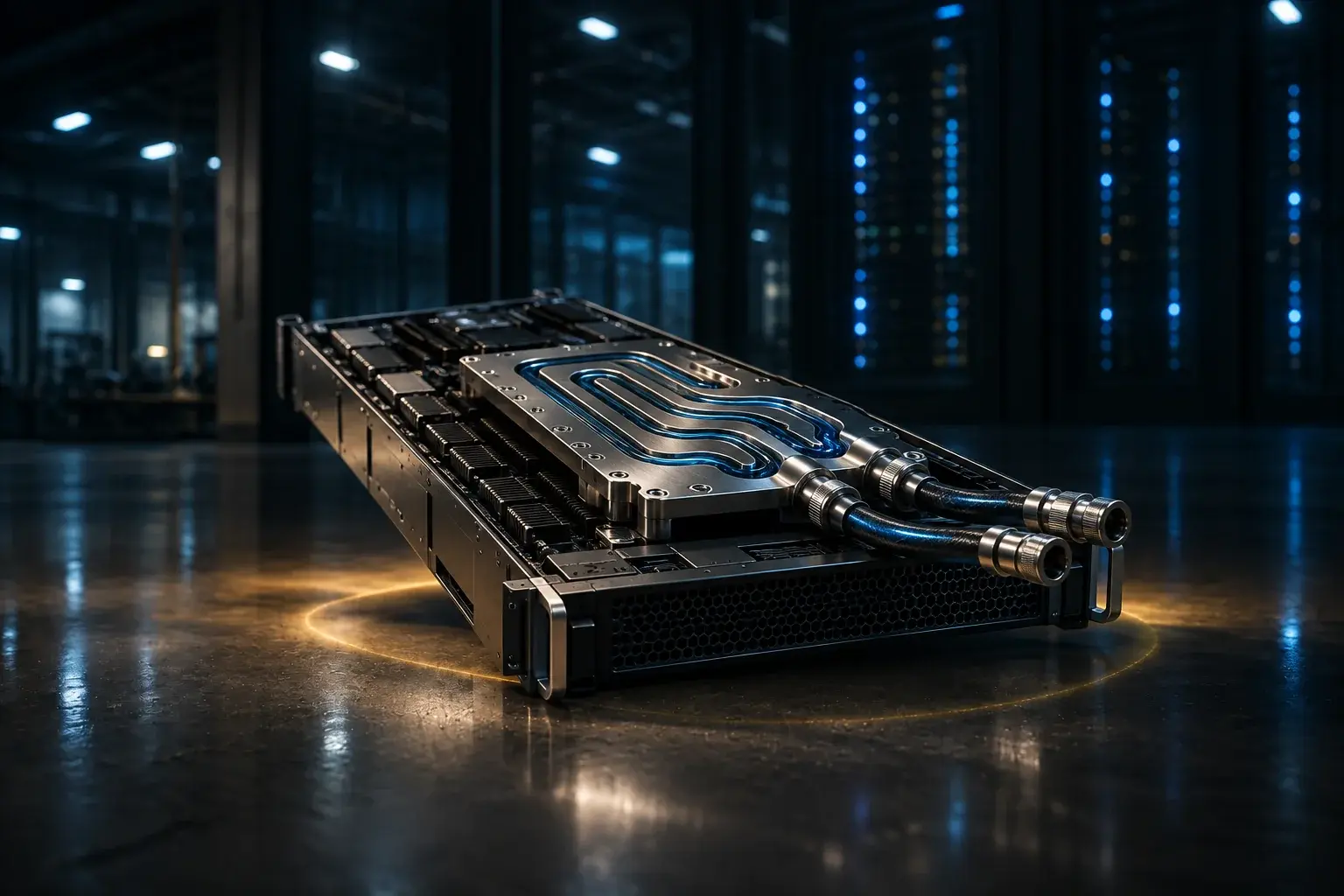 A liquid-cooled server tray with blue coolant lines and connectors, resting on a polished floor in a data centre aisle, server racks with blue indicator lights behind, ringed by warm gold light.