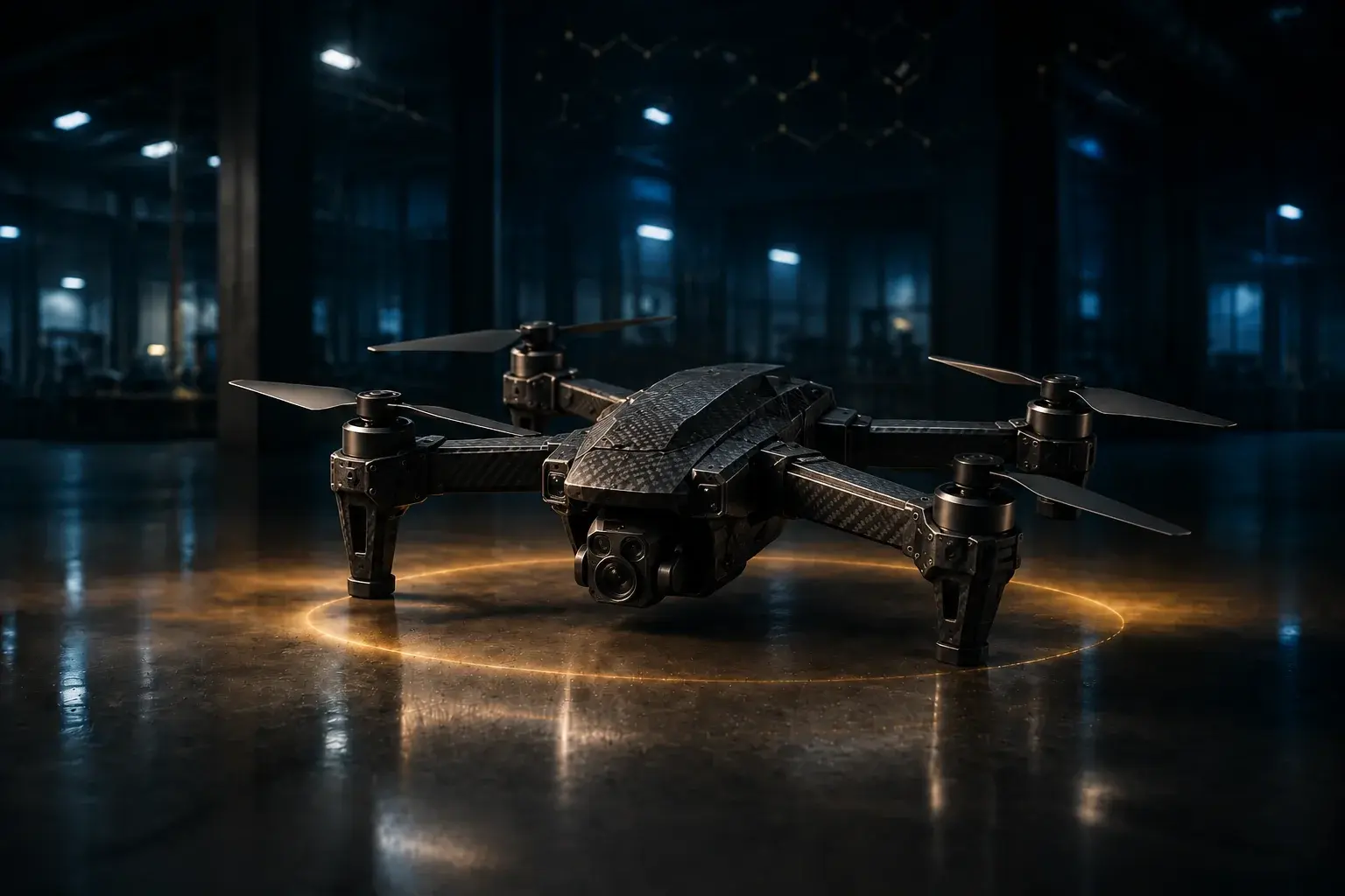 A black composite quadcopter drone with a forward camera, resting on a polished floor in a darkened industrial hall and ringed by warm gold light.