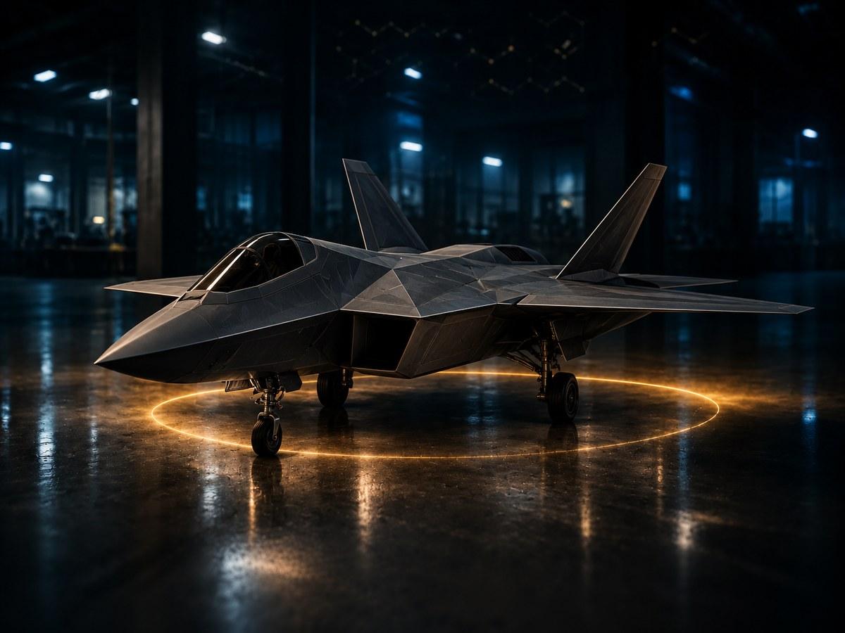 A dark grey stealth fighter jet with angular, faceted panels, parked in a dim hangar on a polished floor, ringed by a circle of warm gold light.